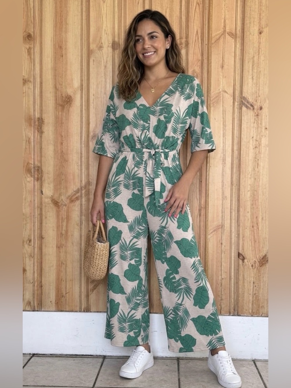 Misia Beige Jumpsuit with Green Tropical Leaf Print size M